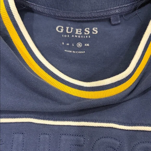 GUESS Men's Blue Tee with Yellow Highlights - Picture 3 of 3